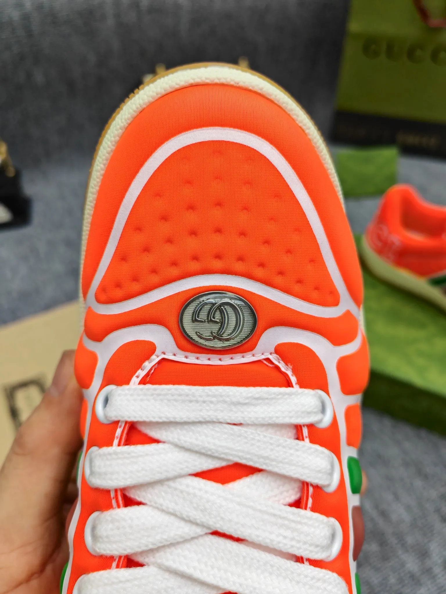 Factory price 600💰Screener series embellished web sneakers. This item is from the Gucci Lido series. Its design is inspired by the summer style and beach clubs of the Italian coast. The Screener series of sneakers draws inspiration from classic sneakers from the 1970s and takes its name from a special defensive move in sports. This shoe from the 2024 Pre-Fall collection is crafted from yellow rubber, a technical and malleable opaque material, with striped webbing on the sides and an embossed Gucci printed logo on the heel. Yellow rubber, opaque and technological in appearance. Red and green webbing decorated with metal Double G oval enamel details. Gucci printed embossed logo. Women 35-40, men 38-45, (men 38 and 45 need to be customized)